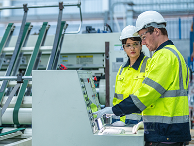 two manufacturing engineers talking